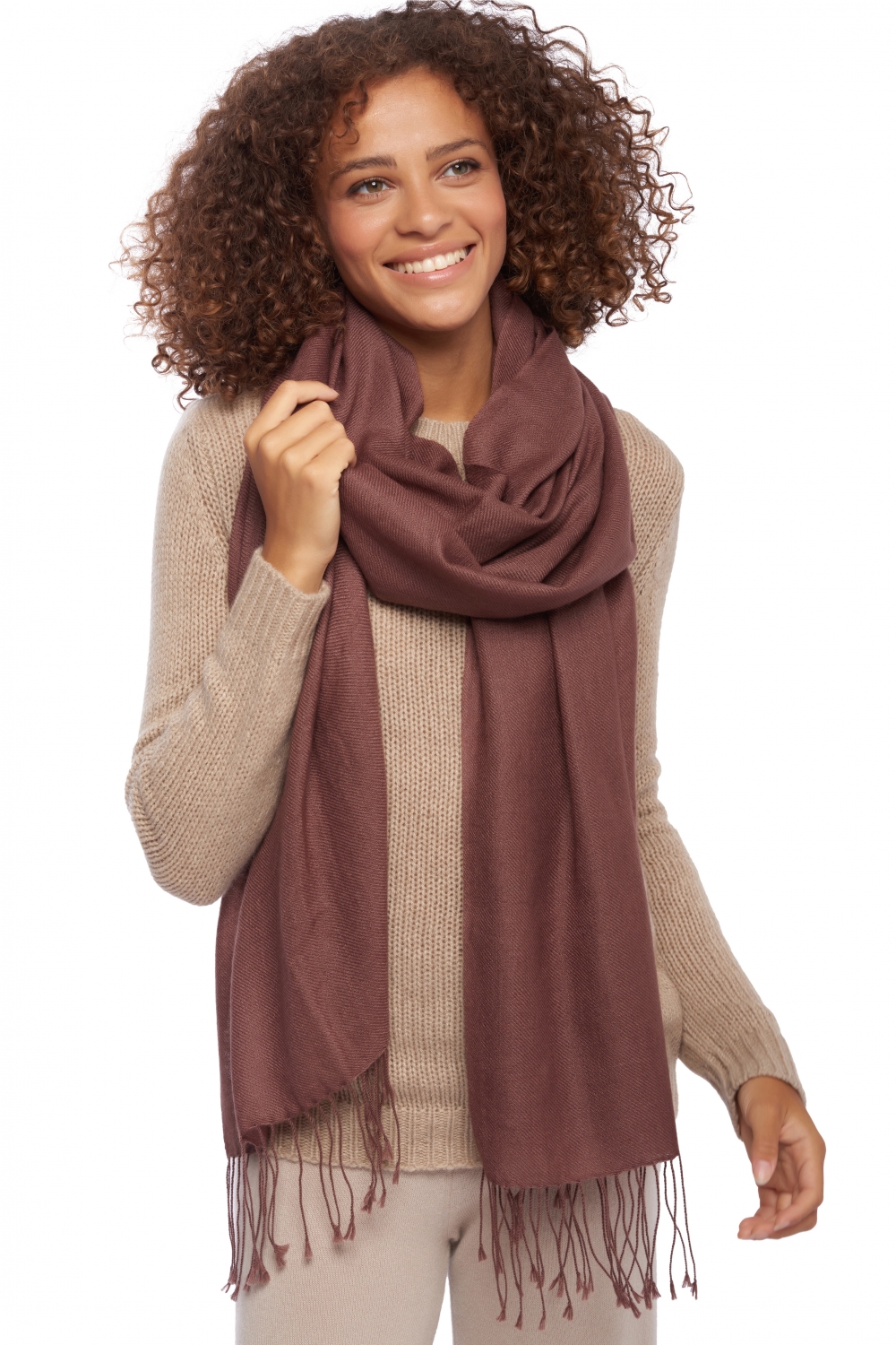 Cachemire et Soie pashmina platine chocolat 201 cm x 71 cm